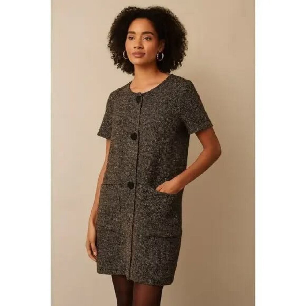 Zara Black & Gold Sparkly Thread Tweet Button Front Shift Dress Large